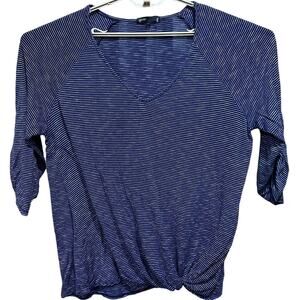 Gibson Top Womens 1X Blue White Striped V Neck Twist Front Hem 3/4 Sleeve